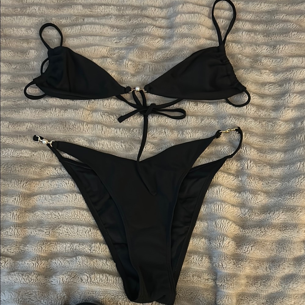 SHEIN Elegant Black Bikini with Pearl Accents